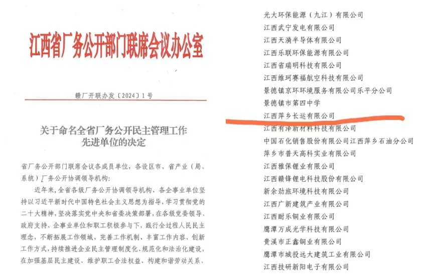 萍鄉(xiāng)長(zhǎng)運(yùn):榮獲“江西省廠務(wù)公開(kāi)民主管理先進(jìn)單位”稱(chēng)號(hào)